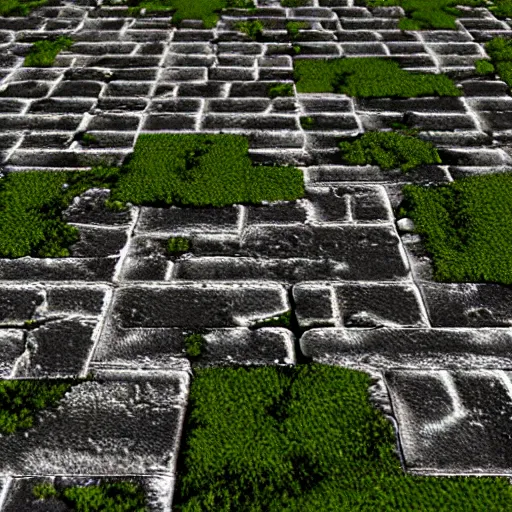 Prompt: pbr albedo texture of cobblestone pavement with moss between the cracks, substance designer, stylized, zbrush, top view with no perspective