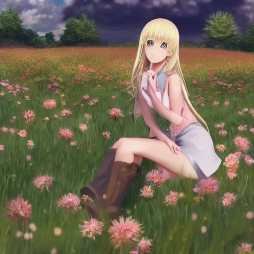 Image similar to beautiful anime transgender blonde girl sitting in a field full of flowers, highly detailed, realistic, dynamic lighting, cinematic, masterpiece, trending on artstation,-W 768