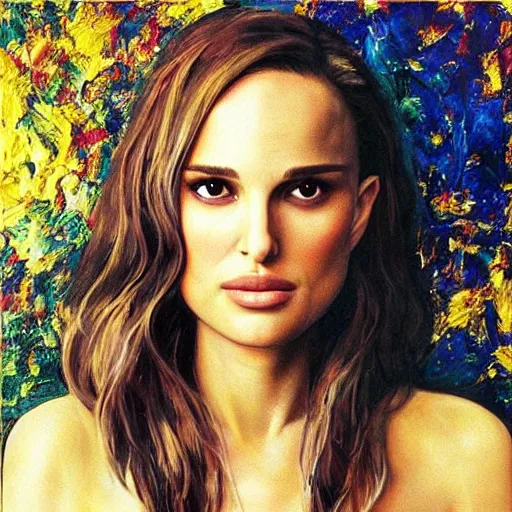 Prompt: “Natalie Portman, beautiful, golden colors, sharp focus, hyperrealistic impasto”