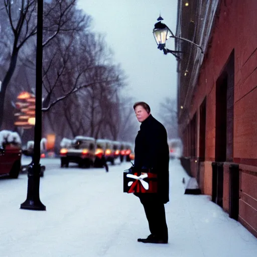 Image similar to 1 9 9 8 andy richter wearing a black wool coat and necktie standing on the streets of chicago at night in winter, holding shopping bags gifts, dynamic lighting, holiday season.