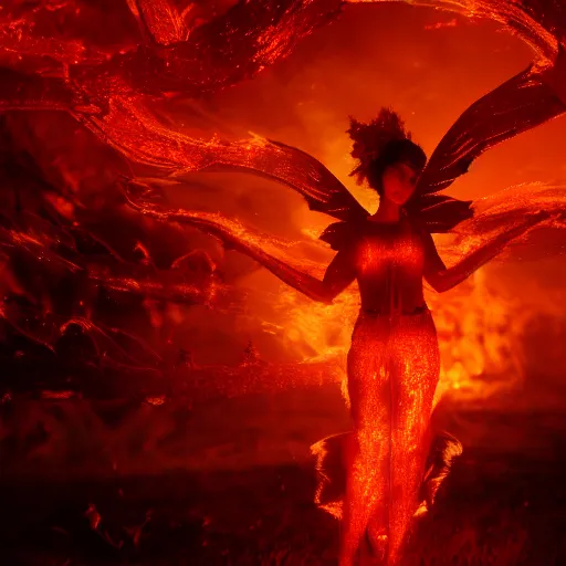 Image similar to portrait of a fire sprite, flames, dark, red glowing background lighting, hyper detailed, fairy tale, 4 k octane render