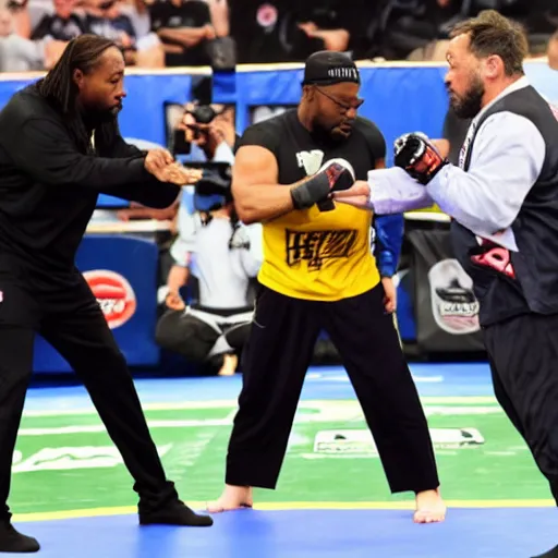 Image similar to Coach Belichick fighting coach Tomlin in a mixed martial arts championship match