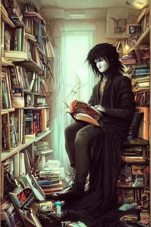 Image similar to goth guy reading a book in a cluttered messy 9 0 s bedroom, artgerm, tom bagshaw, gerald brom, vaporwave, vaporwave colors, 9 0 s, 9 0 s aesthetic, perfect face, detailed face, symmetrical face,