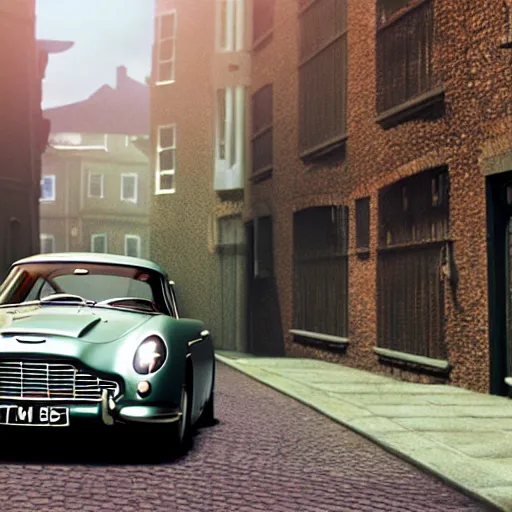 Image similar to a wholesome animation key shot of a toy aston martin db 5, in a rich london mews residential street, medium range, studio ghibli, ( pixar ) and disney animation, sharp, very detailed, unreal engine 5 render, bloom, high resolution, anime key art by greg rutkowski