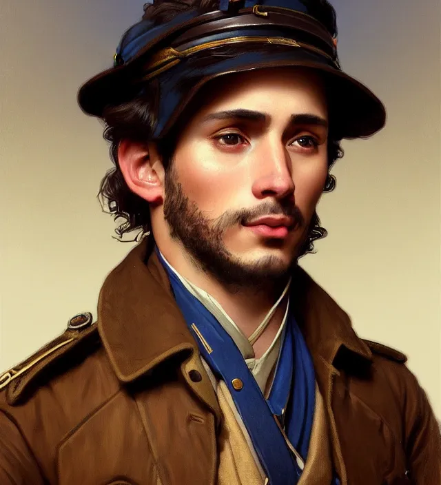 Image similar to candid portrait of a man with brown curly hair and deep brown eyes, wearing a blue traditional colonial military jacket, intricate, highly detailed, digital painting, artstation, concept art, sharp focus, cinematic lighting, illustration, art by artgerm and greg rutkowski, alphonse mucha, cgsociety