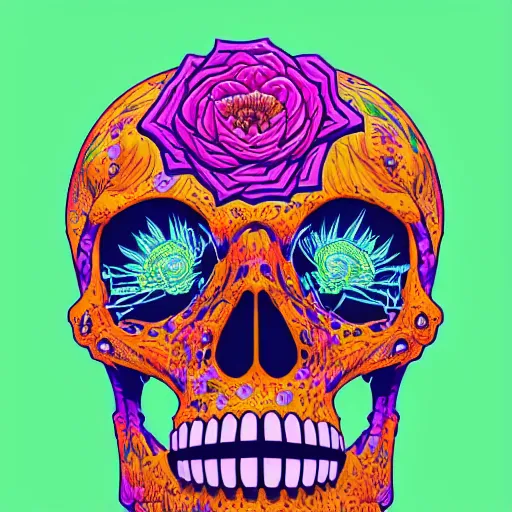 Prompt: ortographic view of a large techno skull and vivid flowers by Jen Bartel and Dan Mumford and Satoshi Kon, gouache illustration