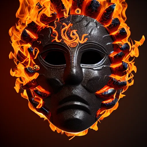 Image similar to an elaborate intricate mask made of flames on an obsidian slab, rendered in octane, behance hd, bokeh obsidian backdrop