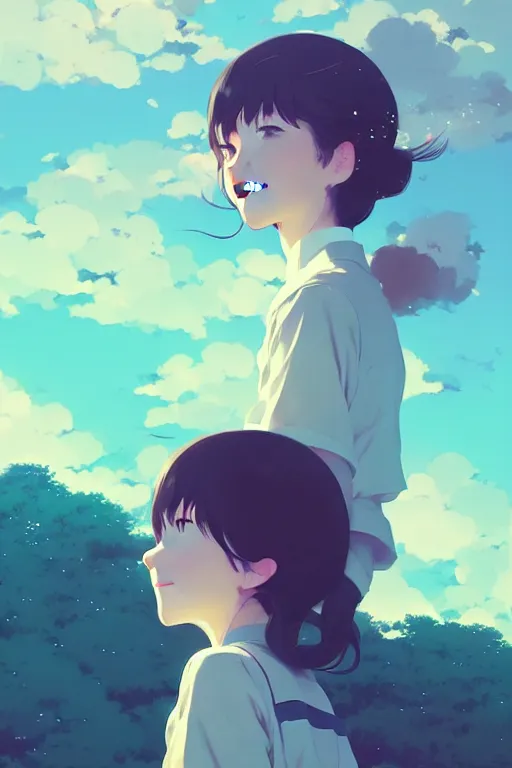 Image similar to portrait of a smiling girl by ilya kuvshinov, cloudy sky background lush landscape ln illustration concept art anime key visual trending pixiv by victo ngai fanbox by greg rutkowski makoto shinkai takashi takeuchi studio ghibli