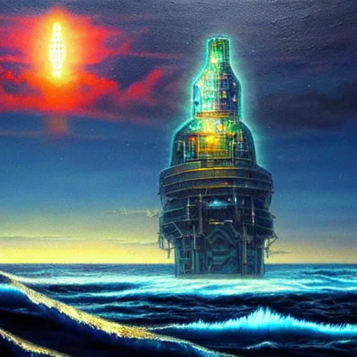 Image similar to a ship off the shore of a beautiful coast with a distant ominous biopunk tower filled with evil technology glowing in the distance, painting by John Berkley