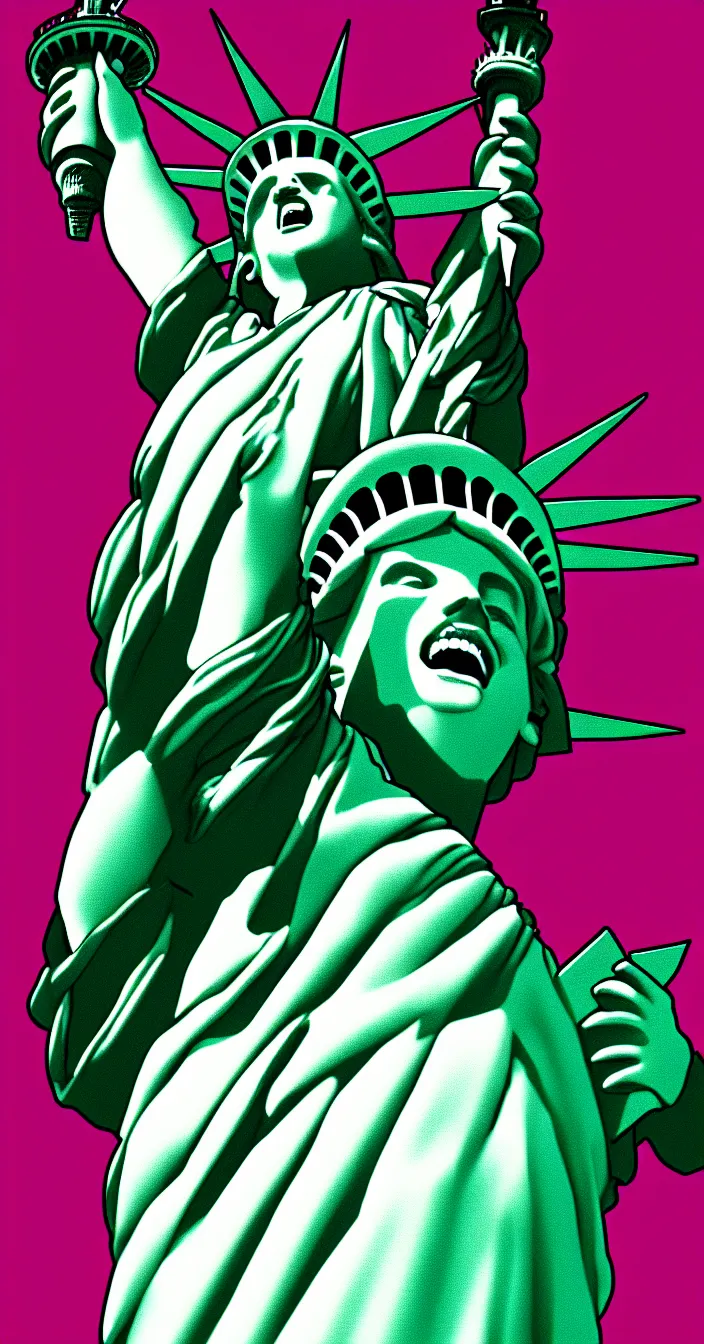 Image similar to the statue of liberty laughing like a madman, digital art