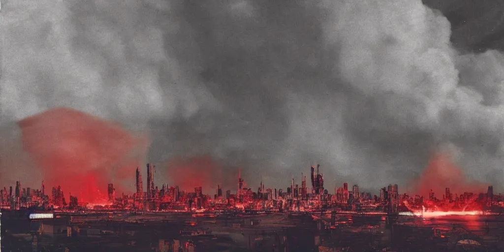 Prompt: vintage analog photograph of a gigantic futurist city on fire, multiple flames, in the style of gotham city, with gigantic smoke clouds visible above the skycrapers, heavy film grain, neon lights, rain red color bleed, rich azure tones