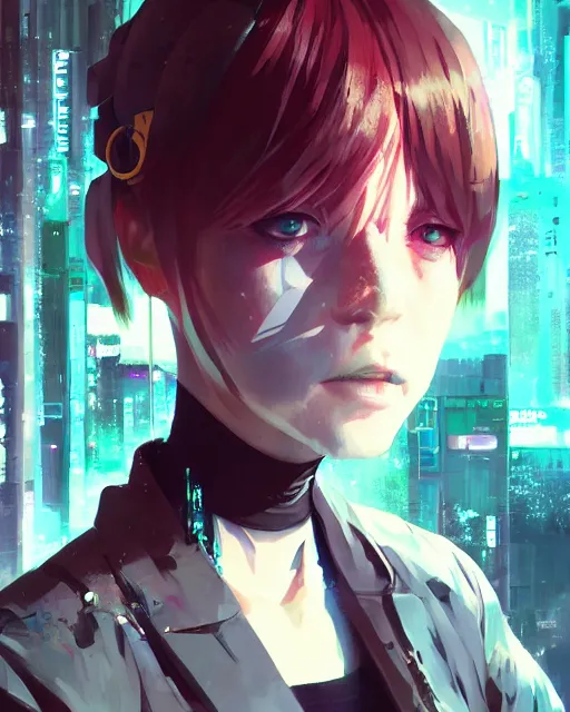 Image similar to kyoto animation, cool lady wearing cyberpunk intricate warcore, beautiful, detailed portrait, cell shaded, 4 k, concept art, by wlop, ilya kuvshinov, artgerm, krenz cushart, greg rutkowski, pixiv. cinematic dramatic atmosphere, sharp focus, volumetric lighting, cinematic lighting, studio quality