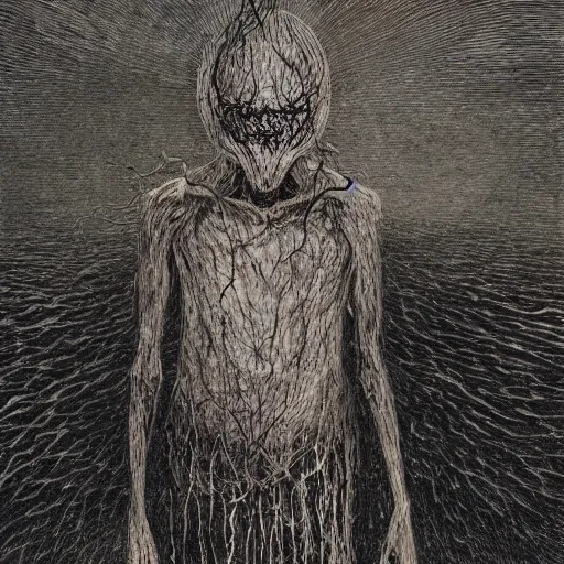 Image similar to a horrifying eldritch man by Beksinski and Junji Ito