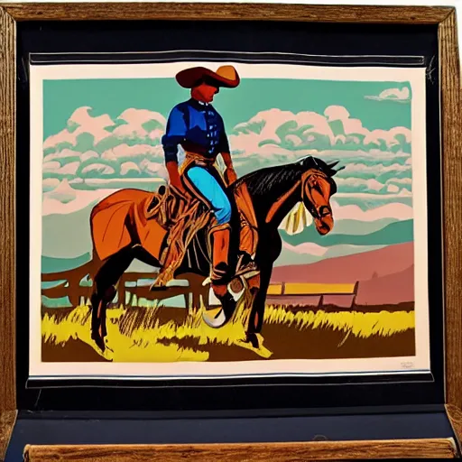 Prompt: cowboy sitting on a horse. serigraph