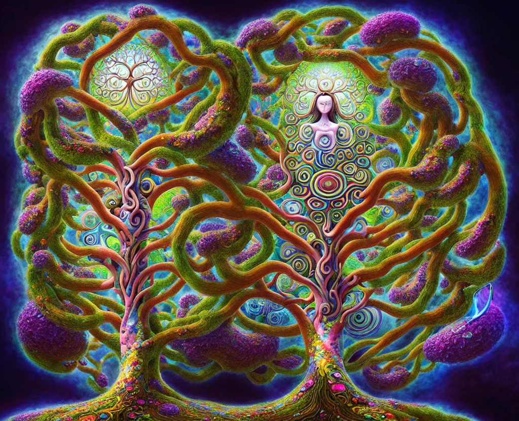 Prompt: art titled tree of life in gardens of joy by yoko d'holbachie feat naoto hattori, caitlin hacket and hannah yata featuring archan nair. visionary psychedelic fineart painting. gigapixel resolution. intricate detailed. beautiful dramatic cinematic. in the style of subject zero. hyperrealistic render. dreamy blurry pastel aquarel background.