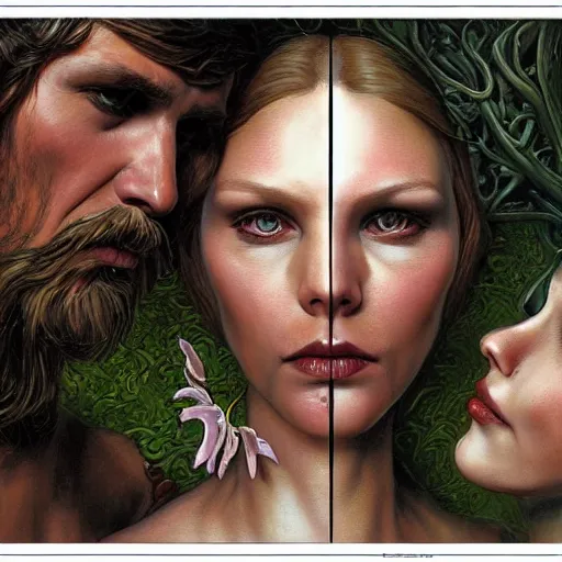 Image similar to realistic detailed face portraits and fully body poses the creation of adam and eve by emilia dziubak, will terry, greg olsen, chris mars, ann long, and mark brooks, fairytale, art nouveau, victorian, neo - gothic, character concept design, smooth, extremely sharp detail, finely tuned detail, story book design, storybook layout