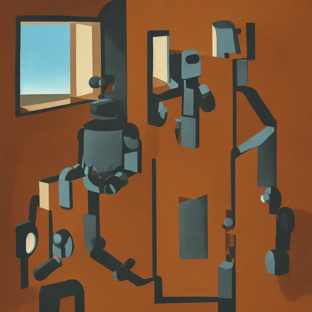 Image similar to a robot and a human holding hands in a room staring out a window, perfect symmetry, warm colors, in the style of gertrude abercrombie, whimsical, surreal, super focus, emotional colors, h 1 0 2 4