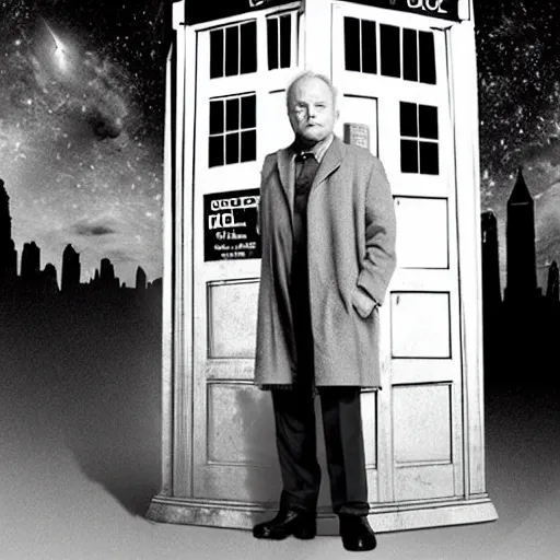 Prompt: anthony hopkins as doctor who in front of tardis, directed by christopher nolan, 2 0 0 9