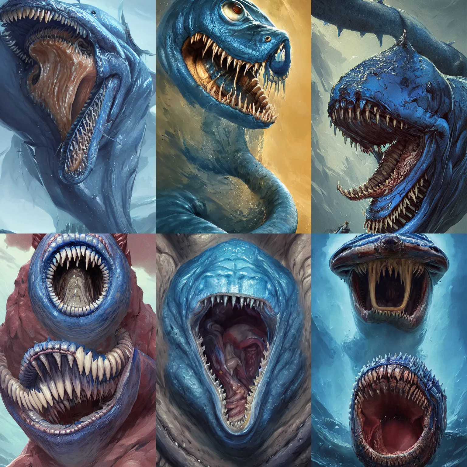 Prompt: portrait of a gibbering blue lamprey with a huge mouth along entire back, horrific, highly detailed backmouth, thousands of teeth, digital painting, artstation, concept art, smooth, sharp focus, illustration, art by wlop, mars ravelo and greg rutkowski