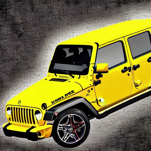 Prompt: yellow jeep wrangler and mercedes cla 4 5 amg gta 5 style digital art