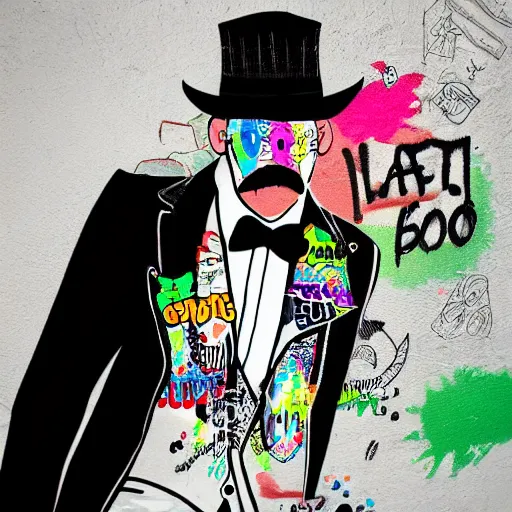 Image similar to gentleman owl with black biker jacket, portrait photo, crayon outline, wall with colorful graffiti, studio photo, suit, bow tie, tophat