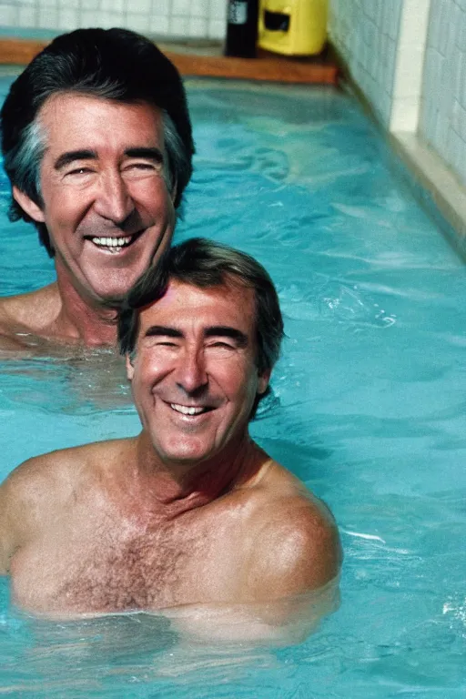 Prompt: randy mantooth laughing and sitting in a bathtub filled with clear yellow water