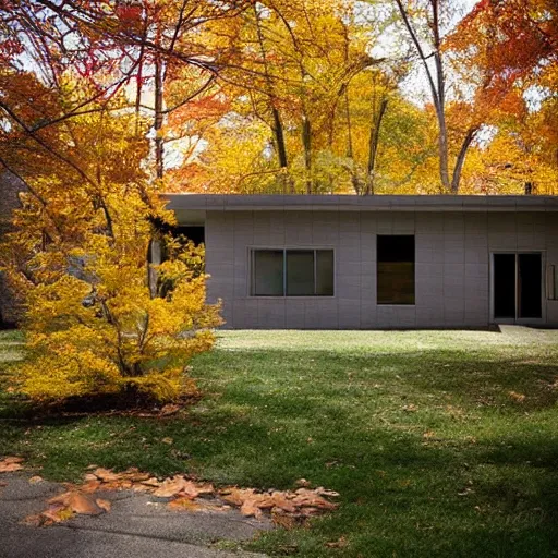 Image similar to “an American house design as a hybrid Usonian and brutalist style. During autumn. Real estate photography”