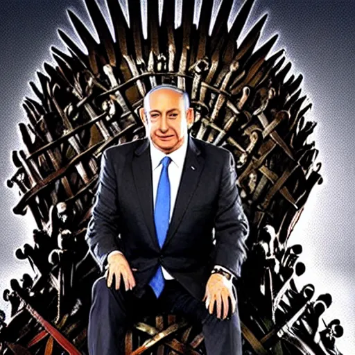 Image similar to “Benjamin Netanyahu sitting on the iron throne, 4k, award winning, realistic, scene from game of thrones”