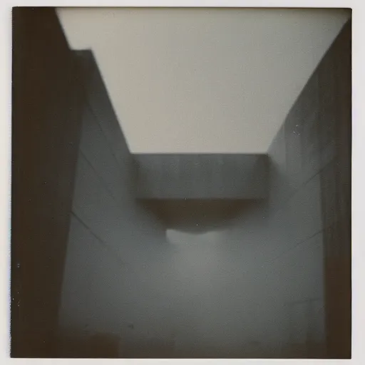 Image similar to an impossibly complex concrete structure, foggy, dark, old polaroid, expired film,