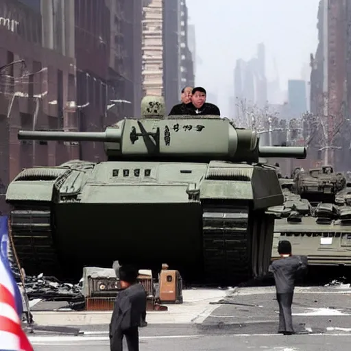 Prompt: Kim Jong-un as huge tank destroys new york city