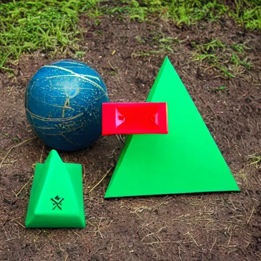 Prompt: red box, blue ball, green pyramid