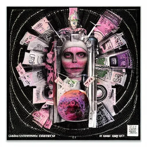 Image similar to post - punk new age album cover, asymmetrical design, dollar bank notes, capitalism, magic, apocalypse, psychedelic, black white pink, magic, giger h. r., giuseppe arcimboldo