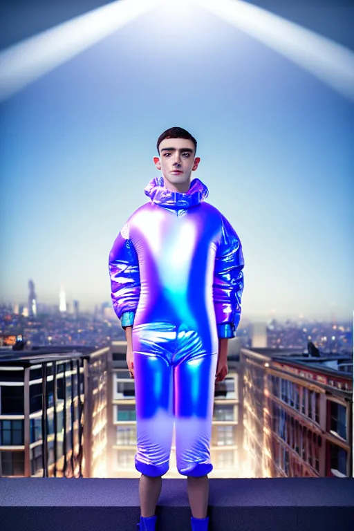 Image similar to un ultra high definition studio quality photographic art portrait of a young man standing on the rooftop of a british apartment building wearing soft baggy inflatable padded silver iridescent pearlescent clothing. three point light. extremely detailed. golden ratio, ray tracing, volumetric light, shallow depth of field. set dressed.