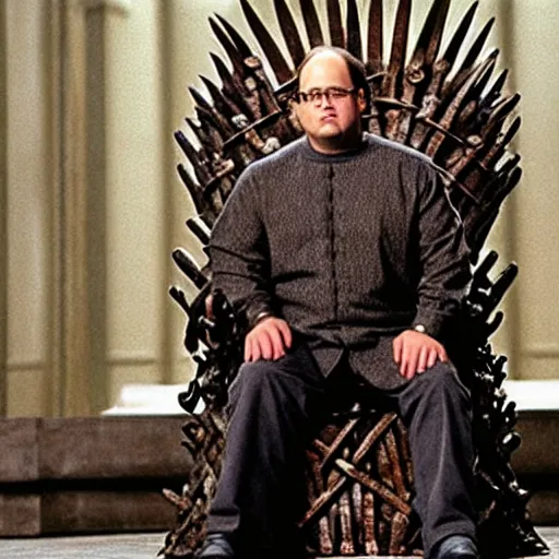 Image similar to George Costanza sitting on the iron throne from Game of Thrones