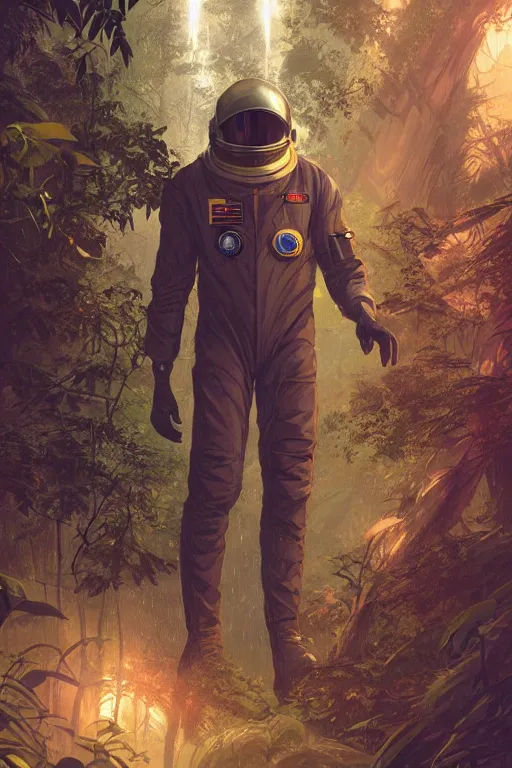 Prompt: a handsome male sci-fi astronaut exploring a magical rain forest, D&D, fantasy, intricate, cinematic lighting, highly detailed, digital painting, artstation, concept art, smooth, sharp focus, illustration, art by Terry Moore and Greg Rutkowski and Alphonse Mucha