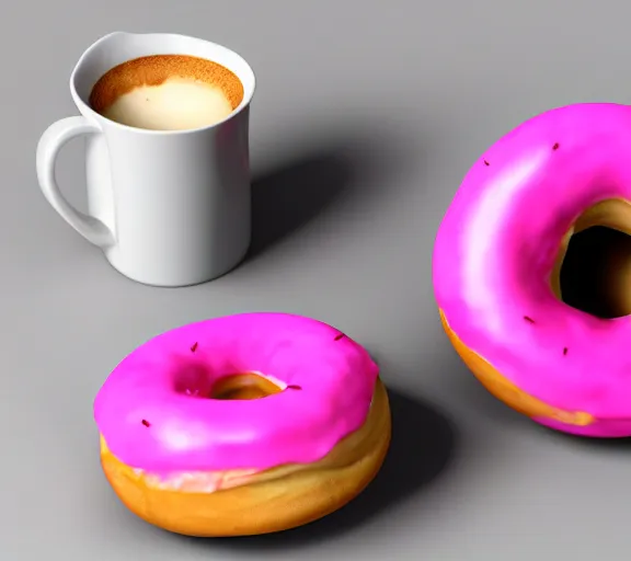 Prompt: pink donut and coffee, blender render, blender donut