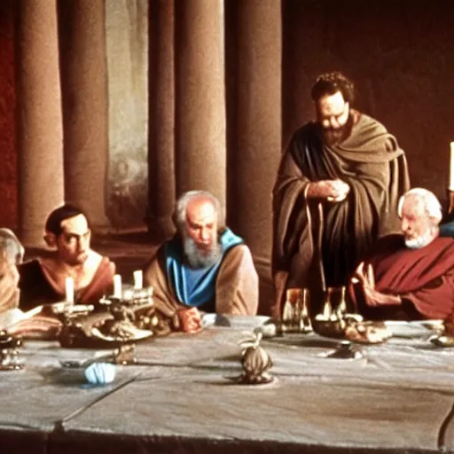 Image similar to Still from TV adaptation of the Banquet of Plato by Steven Spielberg starring Alec Guinness as Socrates