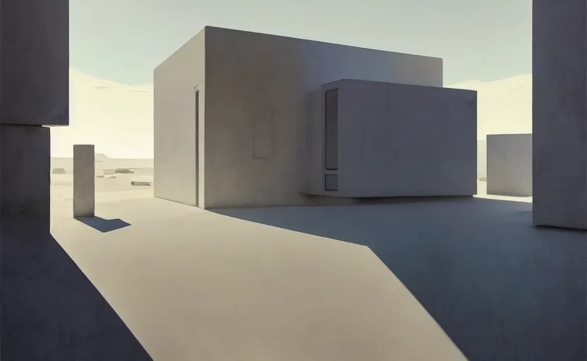 Prompt: painting of a wide angle exterior shot of a white modern architecture in the middle of desert with cinematic lighting by peter zumthor, darek zabrocki and greg ruthkowski, alphonse mucha, simon stalenhag and cinematic and blue cold atmospheric, archillect concept art, artstation, trending on artstation