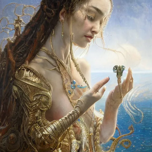 Image similar to intricate detail, hyper detail, by gaston bussiere, bayard wu, greg rutkowski, h. r. giger, greg rutkowski, sandro botticelli, lady of elche, techno mystic princess intergalactica, inanna, ashteroth, with aqua rapunzel dreadlocks, detailed, masterpiece, sharp focus,