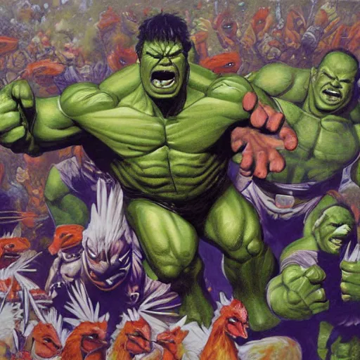 Prompt: detailed matt painting of hulk fighting an army of chickens