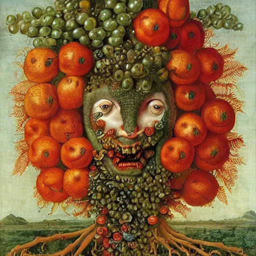 Image similar to Medusa as a fruit painting, by Giuseppe Arcimboldo