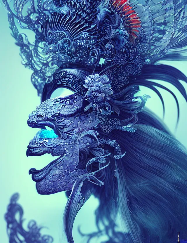 Prompt: 3 d shaman goddess close - up profile portrait. beautiful intricately detailed japanese crow kitsune mask and clasical japanese kimono. betta fish, jellyfish phoenix, bio luminescent, plasma, ice, water, wind, creature, artwork by tooth wu and wlop and beeple and greg rutkowski