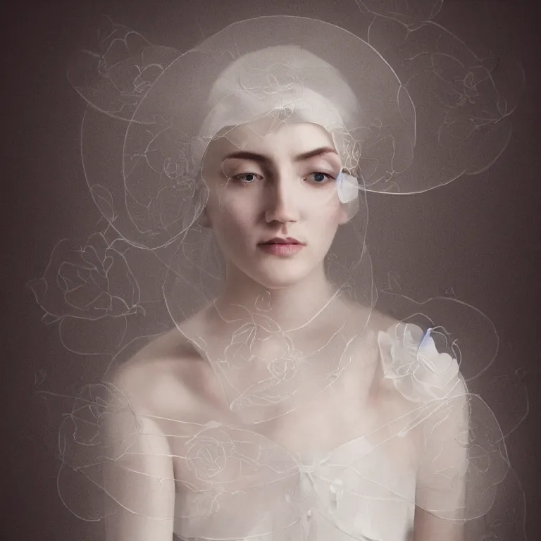 Image similar to hight focus of a wonderful realistic focused sweet wonderful symmetrical mid portrait of a lonely woman with a detailed wonderful, majestic, large semi transparent white cotton dress ornate with semi transparent cotton roses and semi transparent white veils, dramatic light, octane render, - 8 k