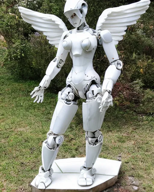 Image similar to marble sculpture of female angel with solarpunk mecha humanoid robotic parts with bright led lights, pudica pose gesture, by michelangelo, in white room, ultra - realistic and intricate, hdr 8 k