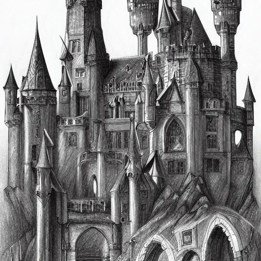 Prompt: a sprawling gothic castle fortress university, organic and art noveau, artstation, beutifully detailed pencil drawing, wide angle