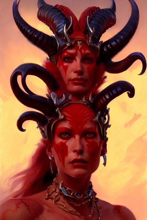 Image similar to painted close - up portrait of a very attractive red - skinned intimidating demon alien queen with ram horns! oil painting, wearing a noblewoman's outfit, fantasy art by john singer sargent and gaston bussiere and james jean and greg rutkowski, demon noble character design, hd