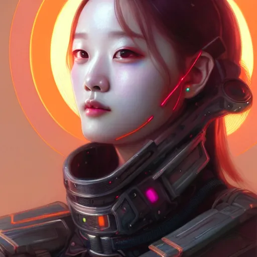 Image similar to portrait painting of chuu kpop as a cheerful smiling cyberpunk mercenary, ultra realistic, concept art, intricate details, eerie, highly detailed, photorealistic, octane render, 8 k, unreal engine. art by artgerm and greg rutkowski and magali villeneuve and alphonse mucha