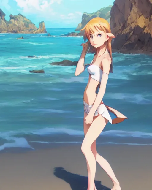 Image similar to an attractive young female elf standing on the beach on the ground front facing, looking at camera, blue water, anime. By Makoto Shinkai, Stanley Artgerm Lau, WLOP, Rossdraws, James Jean, Andrei Riabovitchev, Marc Simonetti, krenz cushart, Sakimichan, trending on ArtStation, digital art.