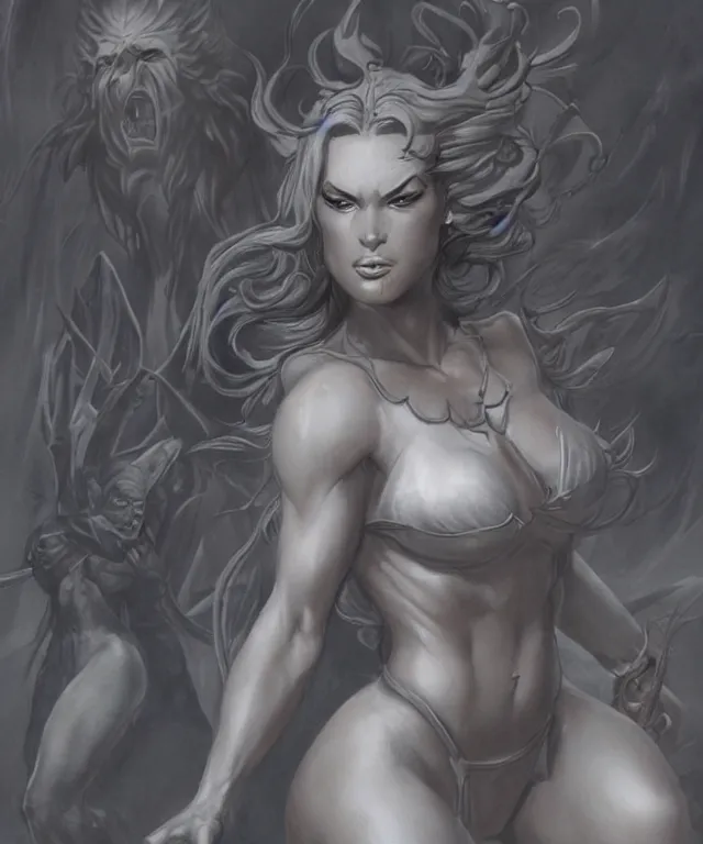 Prompt: close-up of a beautiful female wizard, upper body and face, beautiful clothes, style of Boris Vallejo and Frank Frazetta, very detailed, fantasy art, trending on artstation and deviantart