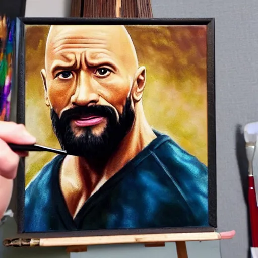 Prompt: dwayne johnson as bob ross, zoomed into his face while he is painting a painting, ultra realistic, hd, 8 k, happy little trees